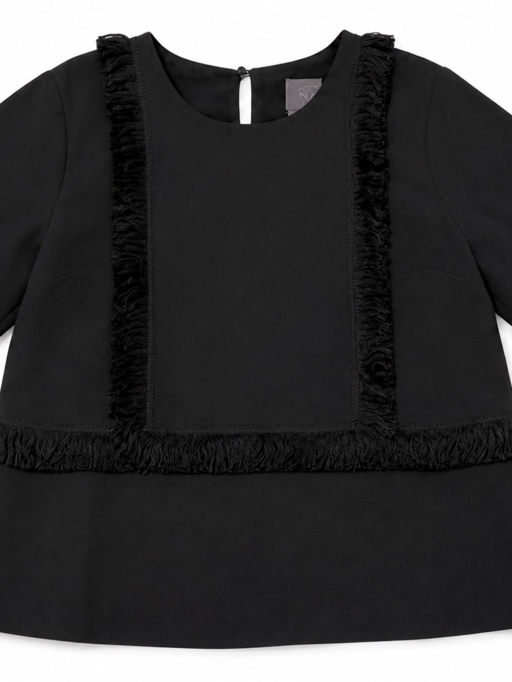 Anthropologie Vanessa Virginia Black Fringe Trim Crewneck Top XS